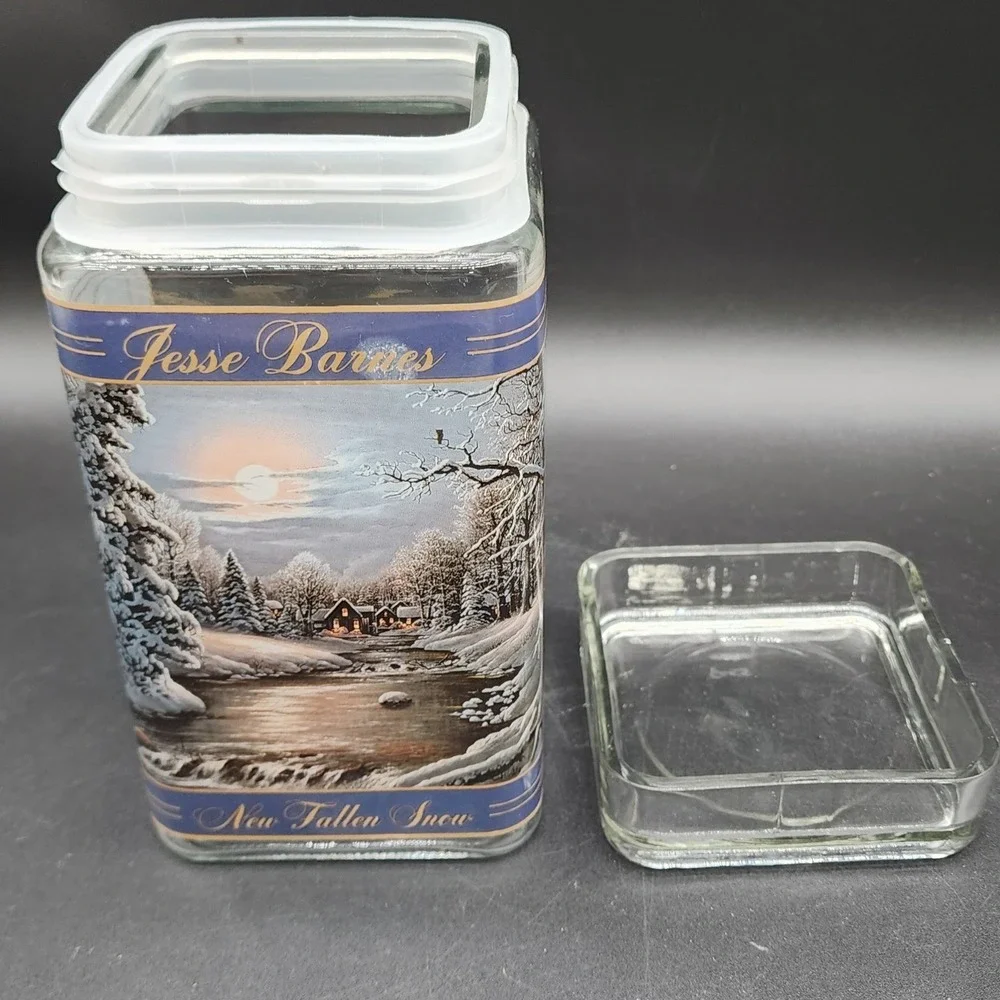 Jesse Barnes Blue New Fallen Snow Glass Storage Jar Canister Winter Cabin Art